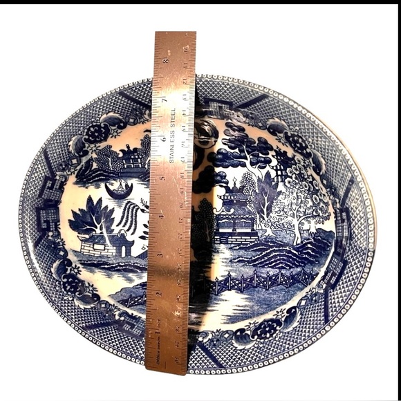 Vintage Blue Willow Chinoiserie blue white vegetable bowl occupied Japan 8.5”x12 - Picture 8 of 11